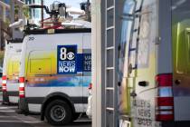 KLAS-TV, Channel 8 news trucks are lined up in the broadcast station's parking lot in Las Vegas ...