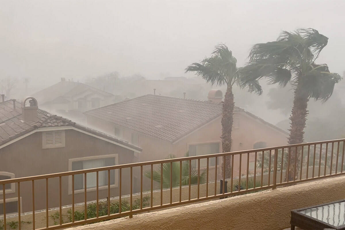 Wind and rain blow palm trees in Summerlin on Tuesday, Aug. 1, 2023. (Glenn Cook/Las Vegas Revi ...