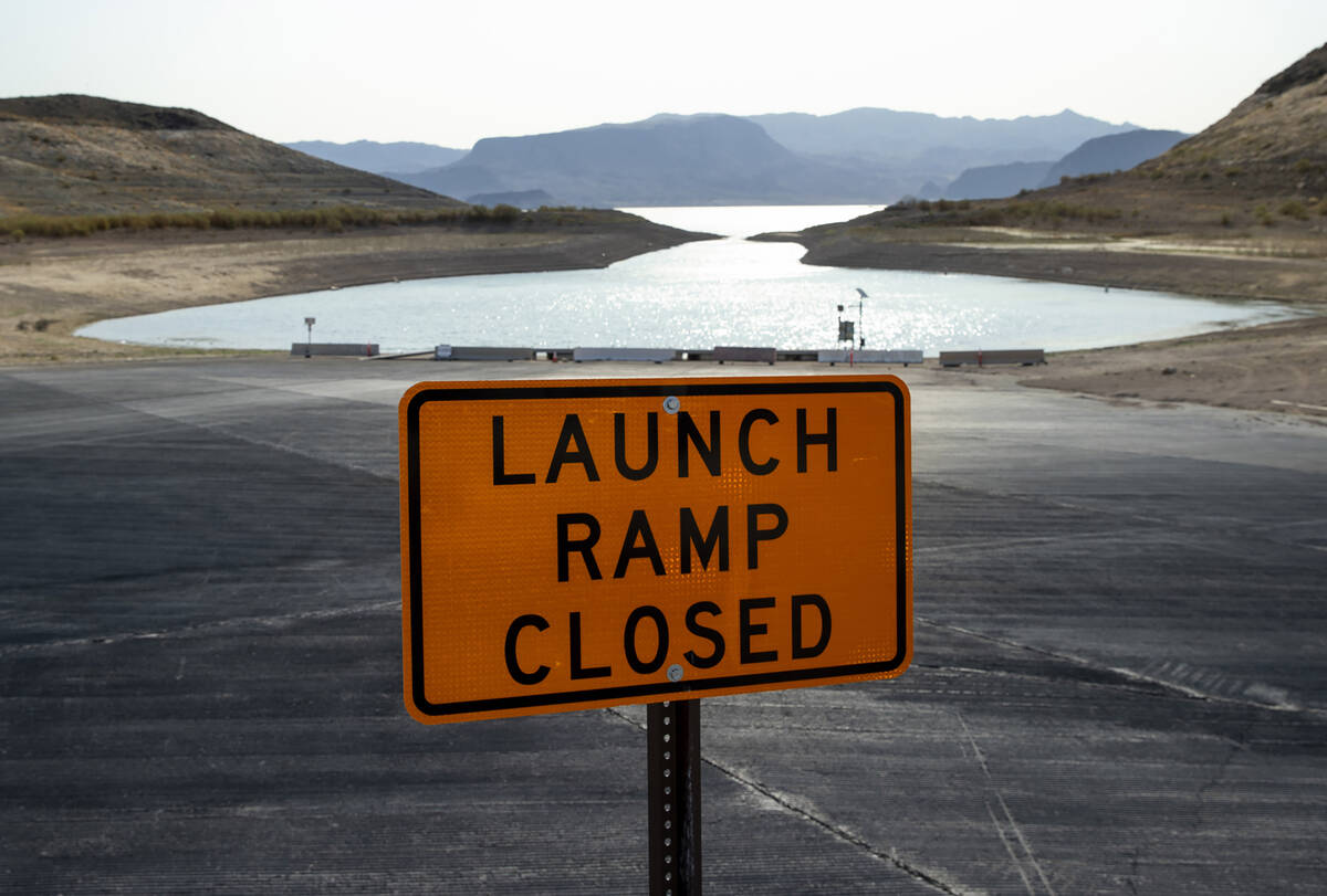 A closed boat ramp at Boulder Harbor at at Lake Mead National Recreation Area is shown in 2021 ...