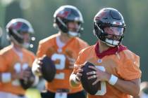 Tampa Bay Buccaneers quarterback Baker Mayfield (6) looks to pass during a "Back Together Weeke ...