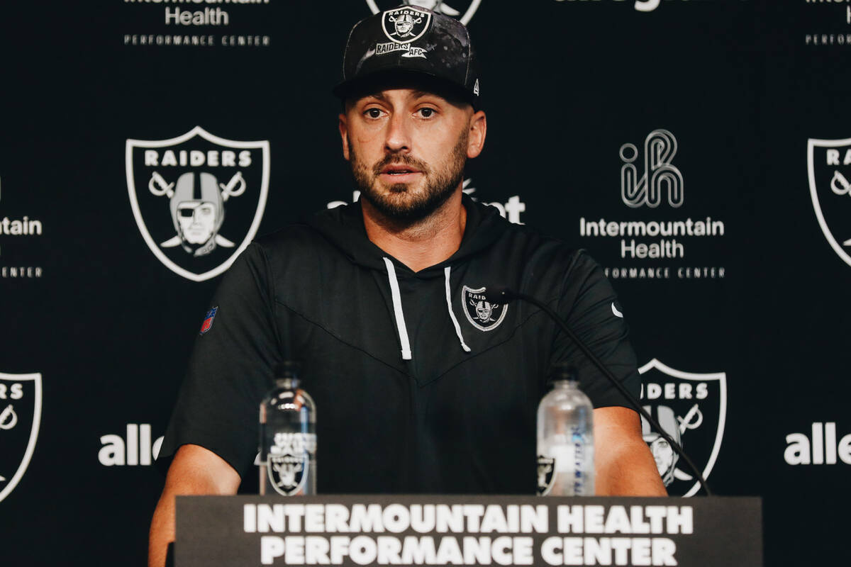 Raiders quarterback Brian Hoyer speaks to the media during training camp at the Intermountain H ...