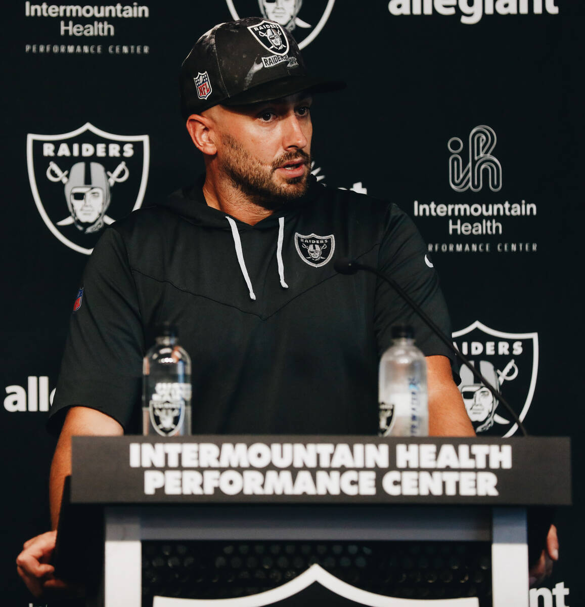Raiders quarterback Brian Hoyer speaks to the media during training camp at the Intermountain H ...