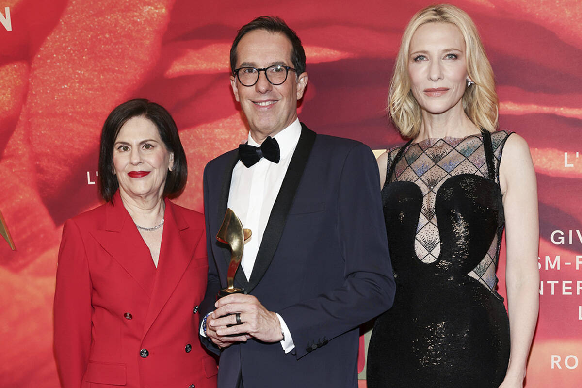 Linda G. Levy, left, Nicolas Hieronimus, and Cate Blanchett attend the Fragrance Foundation Awa ...