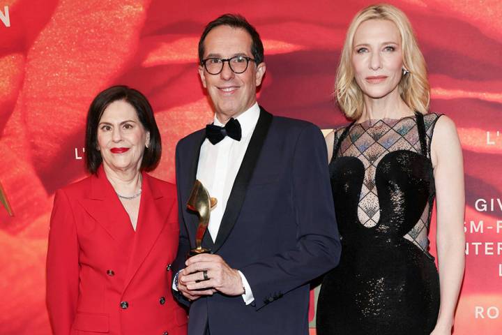 Linda G. Levy, left, Nicolas Hieronimus, and Cate Blanchett attend the Fragrance Foundation Awa ...