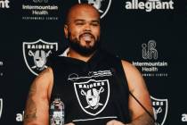 Raiders offensive tackle Jermaine Eluemunor speaks to the media during training camp at the Int ...