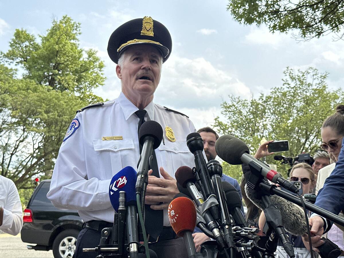 U.S. Capitol Police Chief Thomas Manger speaks to the media Wednesday, Aug. 2, 2023, on Capitol ...