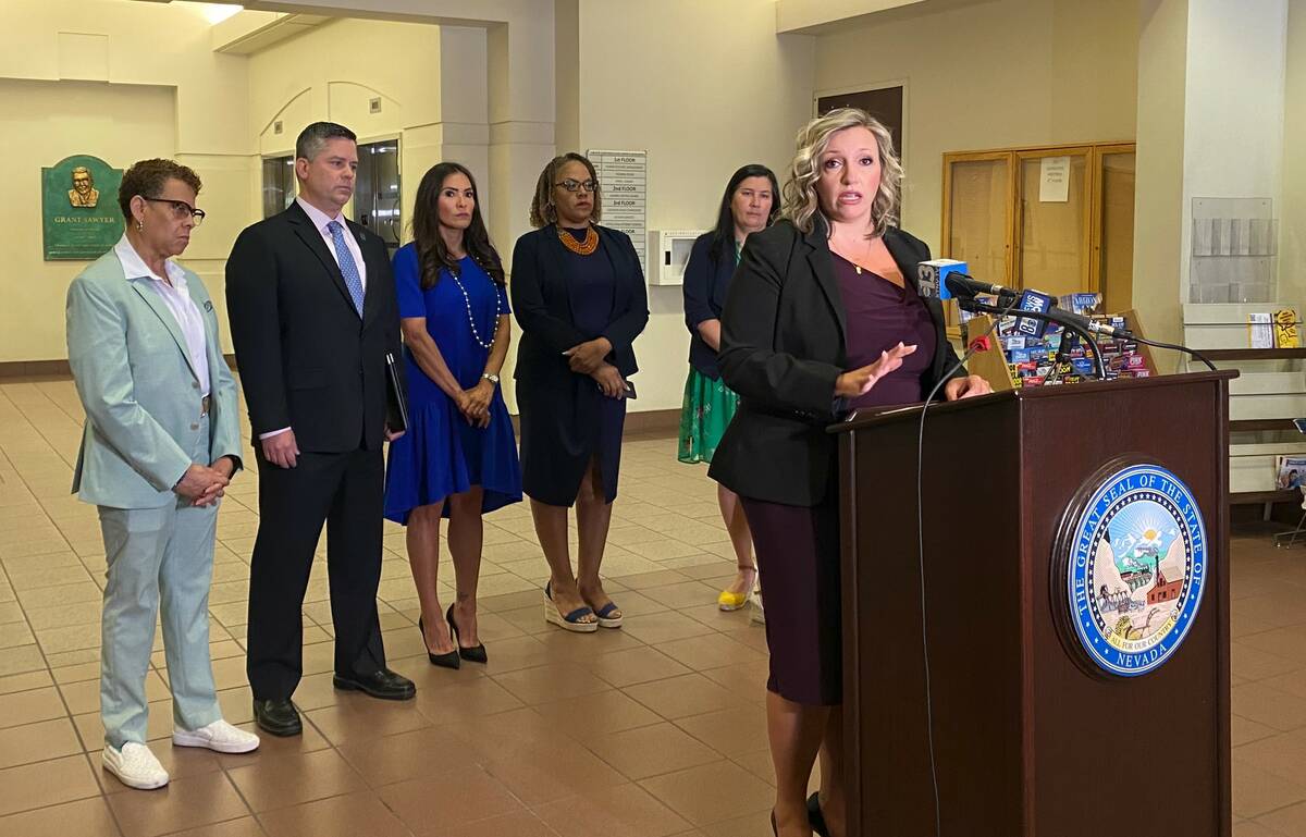 Senate Majority Leader Nicole Cannizzaro, joined by other Democratic legislators, speaks during ...