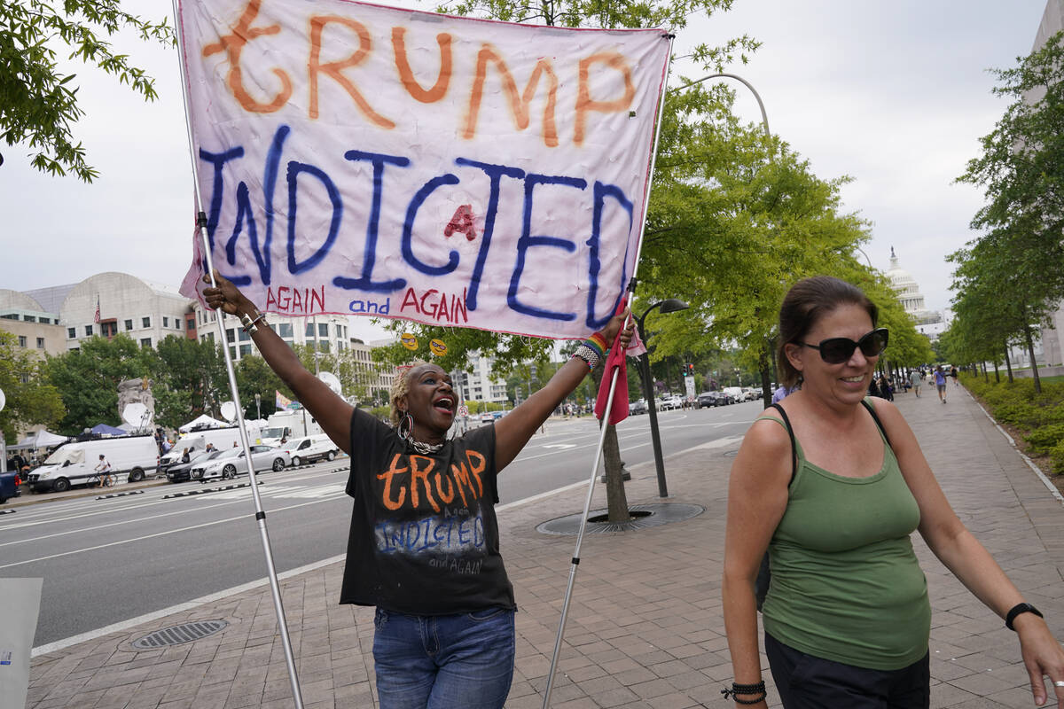 Nadine Seiler arrives to celebrate the indictment of former President Donald Trump at the E. Ba ...