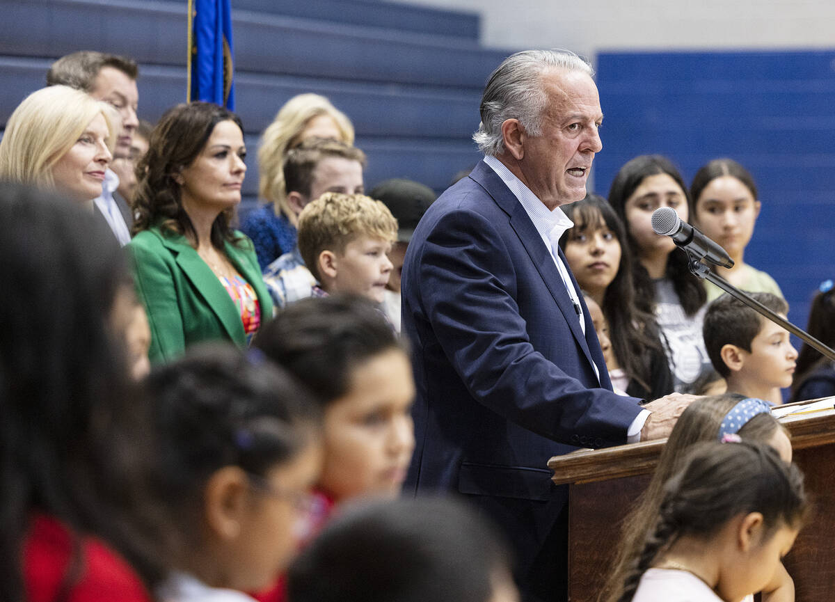 Gov. Joe Lombardo speaks during a "school choice" rally at Saint Anne Catholic School on Friday ...
