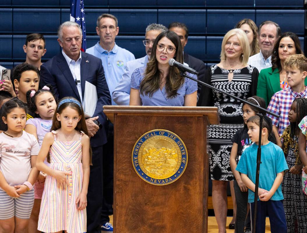 Valeria Gurr, Nevada School Choice Coalition, speaks during a "school choice" rally as Gov. Joe ...
