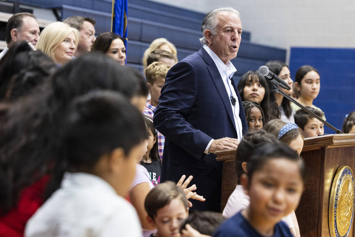 Gov. Joe Lombardo speaks during a "school choice" rally at Saint Anne Catholic School on Friday ...