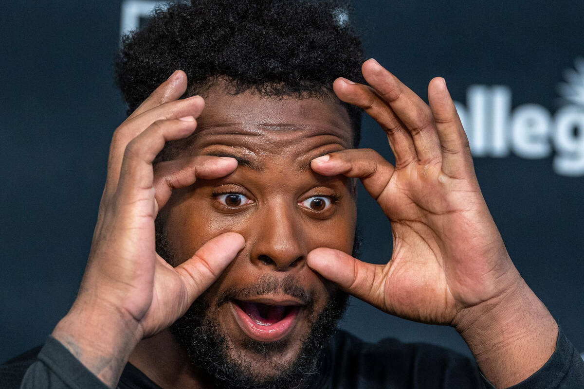 Raiders offensive tackle Thayer Munford Jr. (77) answers a question during a press conference i ...