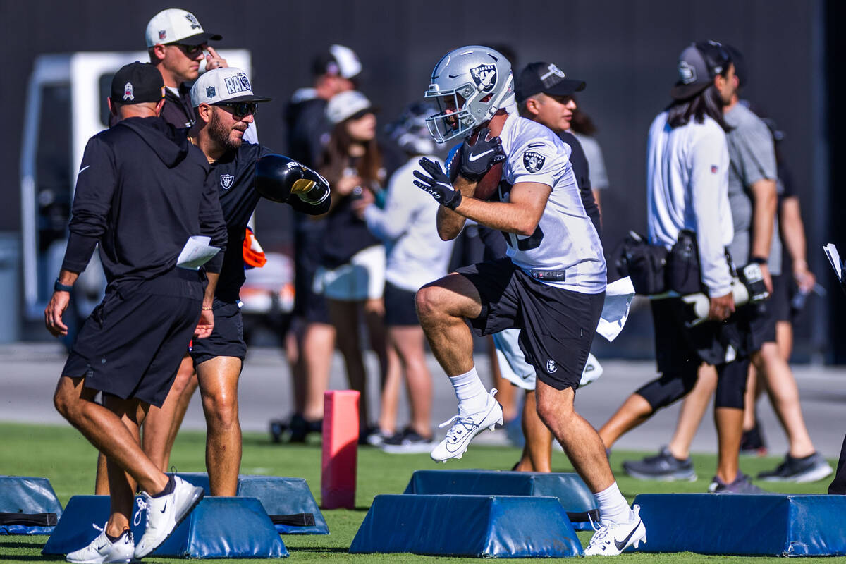 Raiders wide receiver Hunter Renfrow (13) runs a drill training camp at the Intermountain Healt ...