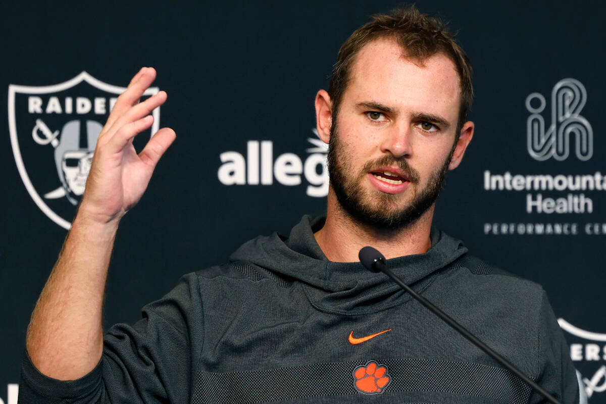 Raiders wide receivers Hunter Renfrow addresses the media at the Intermountain Health Performan ...