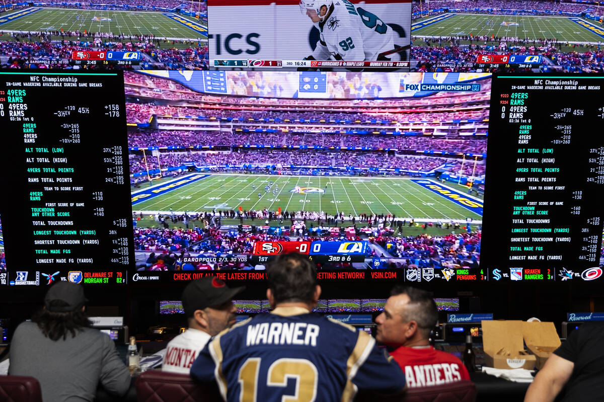 Los Angeles Rams and San Francisco 49ers fans watch the NFC Championship NFL football game at C ...