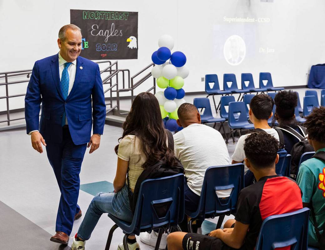 CCSD Superintendent Dr. Jesus F. Jara arrives at Northeast Career and Technical Academy, to att ...
