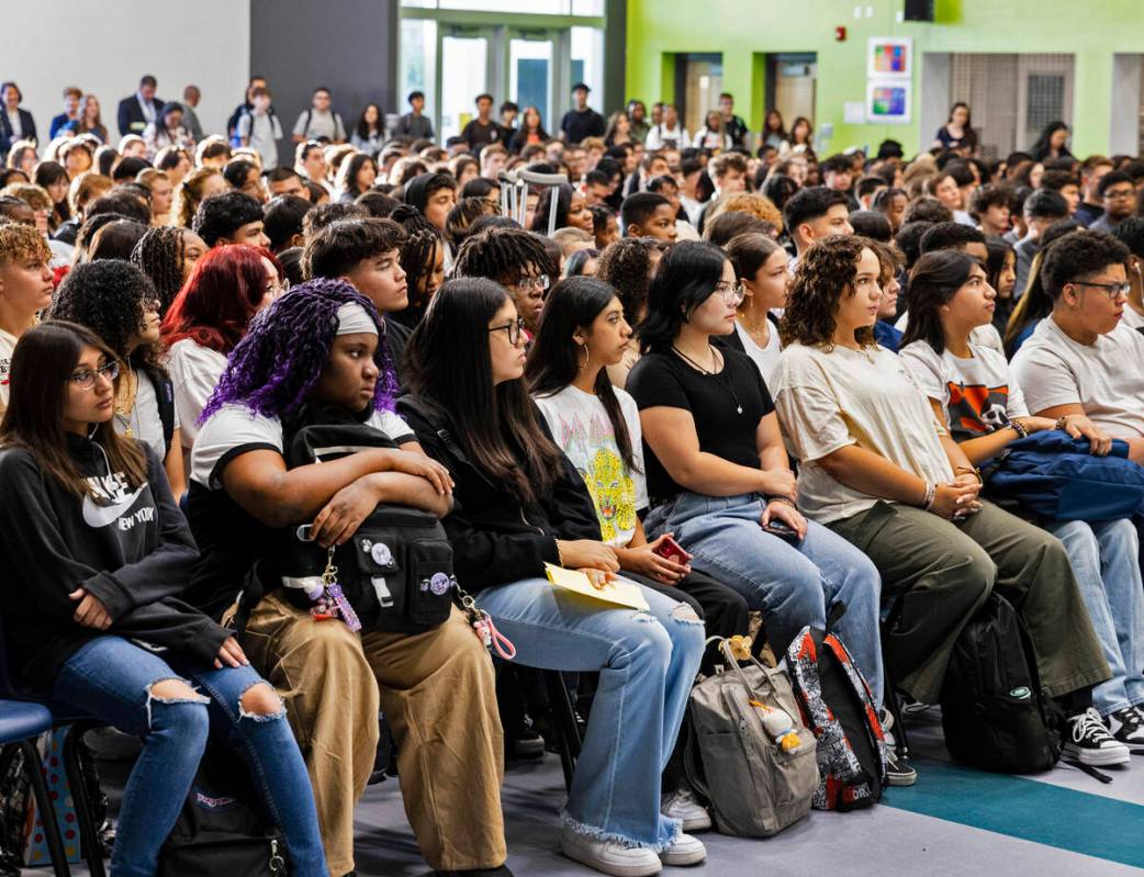 Student at Northeast Career and Technical Academy listen to their principal Ryan Cordia during ...