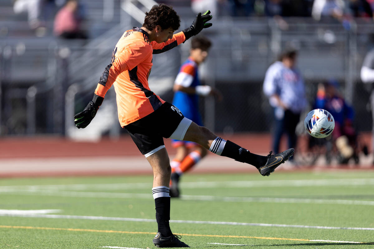 Bishop Gorman goalkeeper Devon Hume (24) kicks the ball back into play during a Class 5A boys h ...