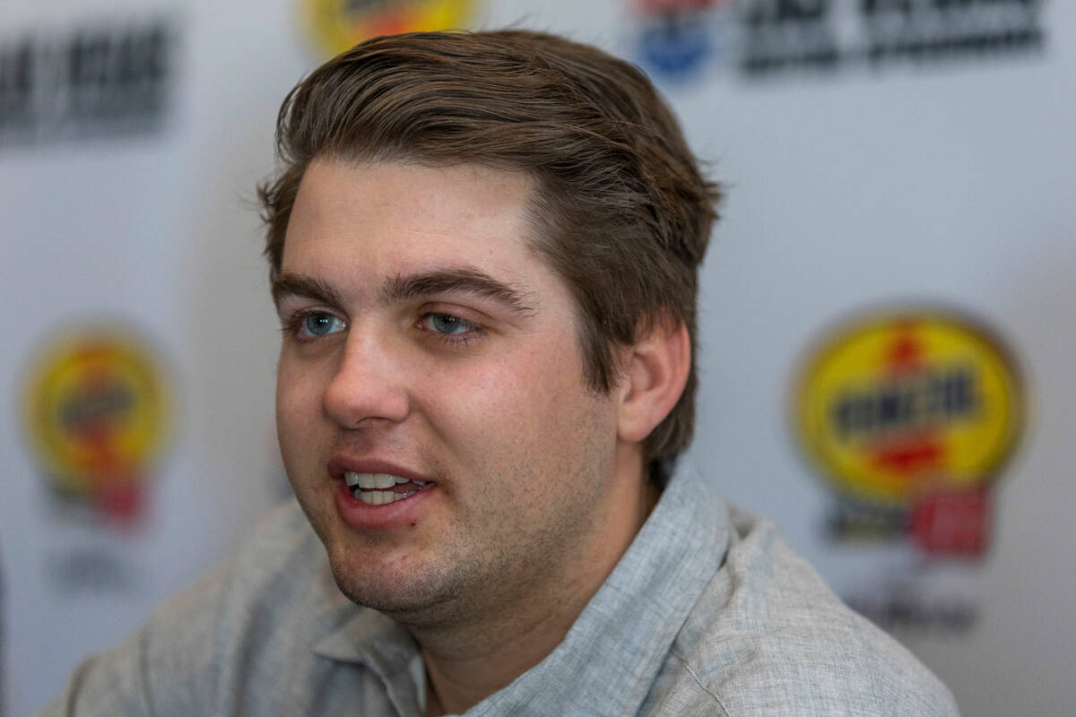NASCAR driver Noah Gragson gives an interview during a luncheon at Joe's Seafood, Prime Steak & ...