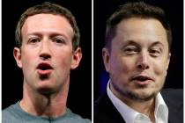 FILE - This combo of file images shows Facebook CEO Mark Zuckerberg, left, and Tesla and SpaceX ...