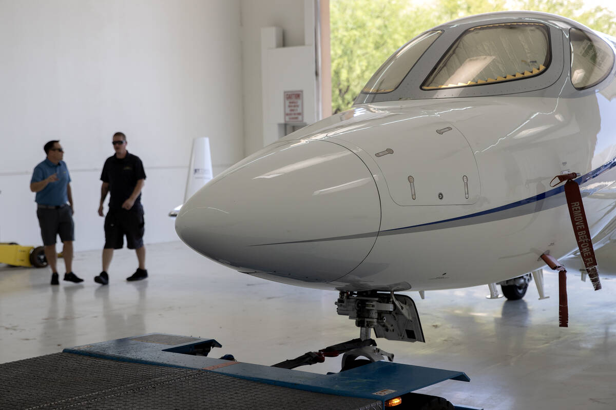 One of Jet AI Aviation’s aircrafts is returned from a flight at the company’s off ...