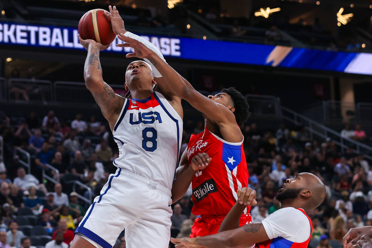 USA Basketball Men’s National Team forward Paolo Banchero (8) goes in for a layup while ...