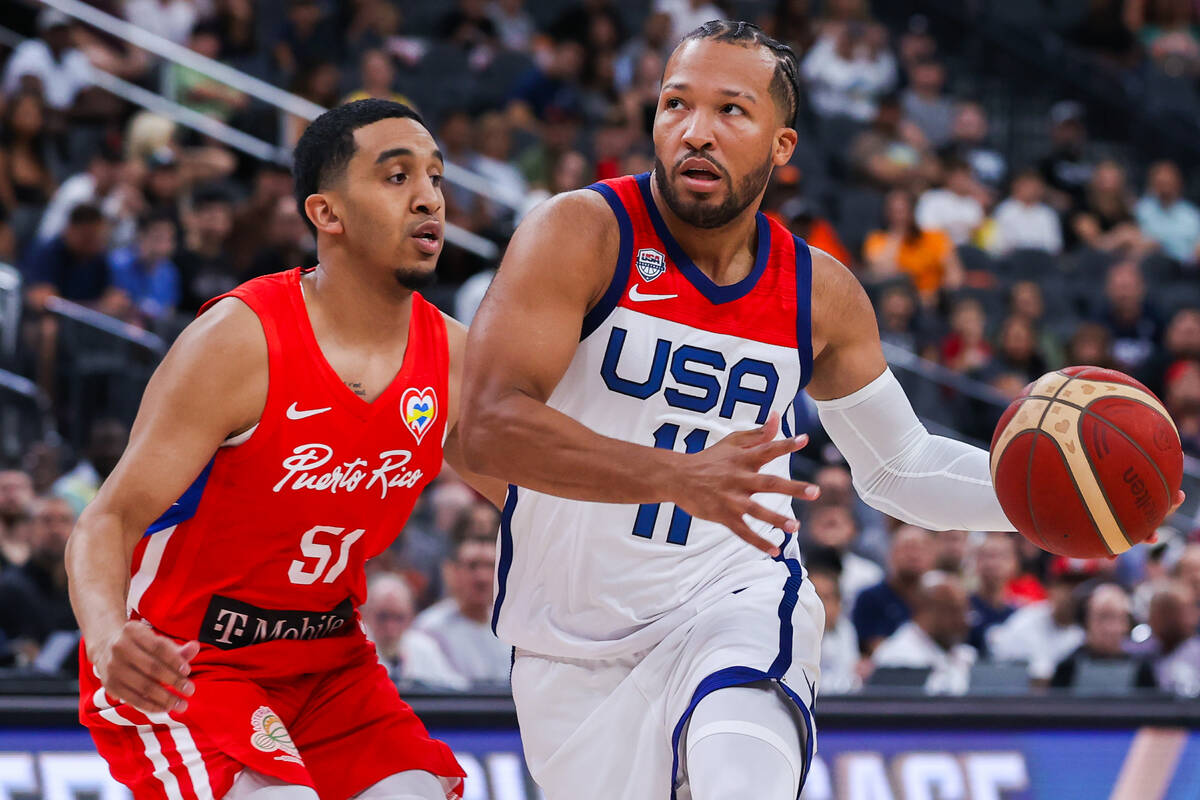 USA Basketball Men’s National Team guard Jalen Brunson (11) moves the ball around Puerto ...