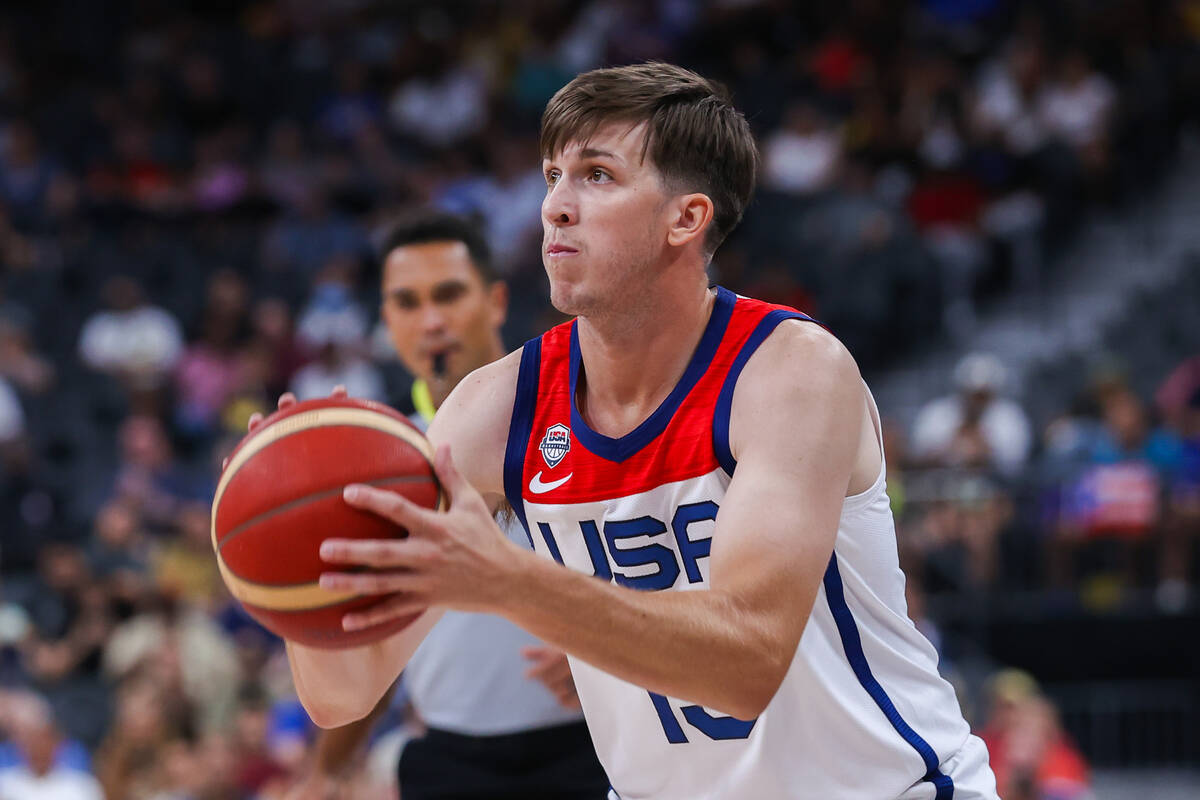USA Basketball Men’s National Team guard Austin Reaves (15) prepares to take a shot at t ...