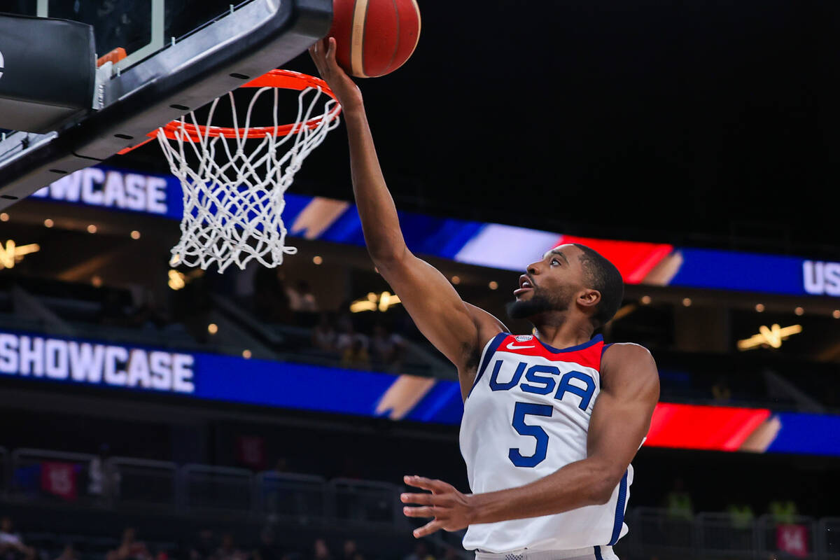 USA Basketball Men’s National Team forward Mikal Bridges (5) shoots a layup at the first ...