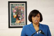 CEO Kim Small speaks at the Signs of HOPE office in Las Vegas in February 2023. (Las Vegas Revi ...