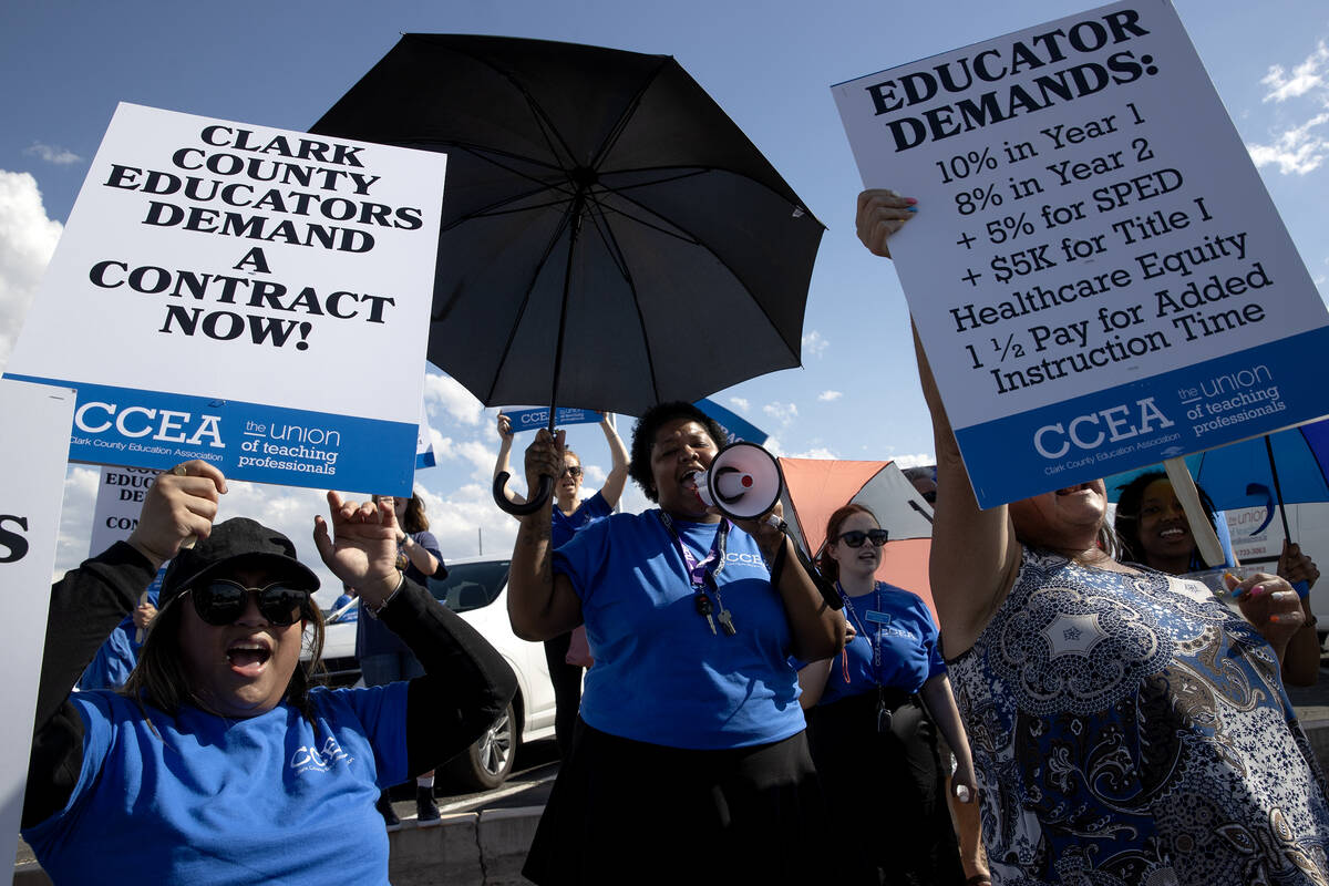 Thousands of Clark County Education Association teachers union members protest outside CCSD&#x2 ...