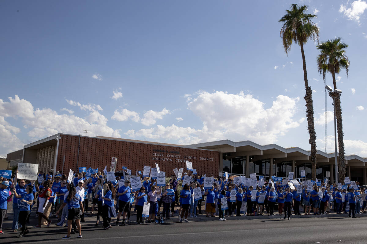 Thousands of Clark County Education Association teachers union members protest outside CCSD&#x2 ...
