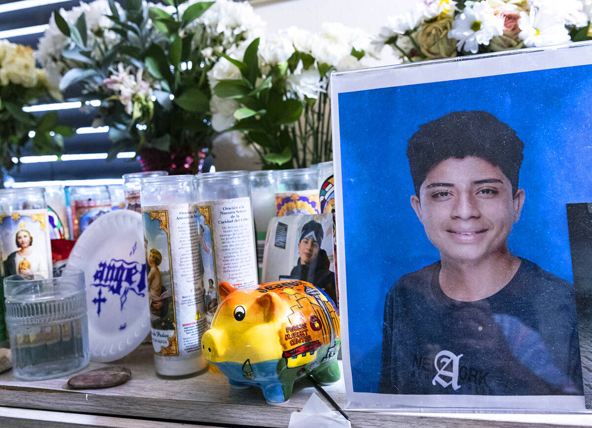 A memorial to Angel Naranjo, is seen at his family’s home, on Tuesday, Aug. 8, 2023, in Las V ...
