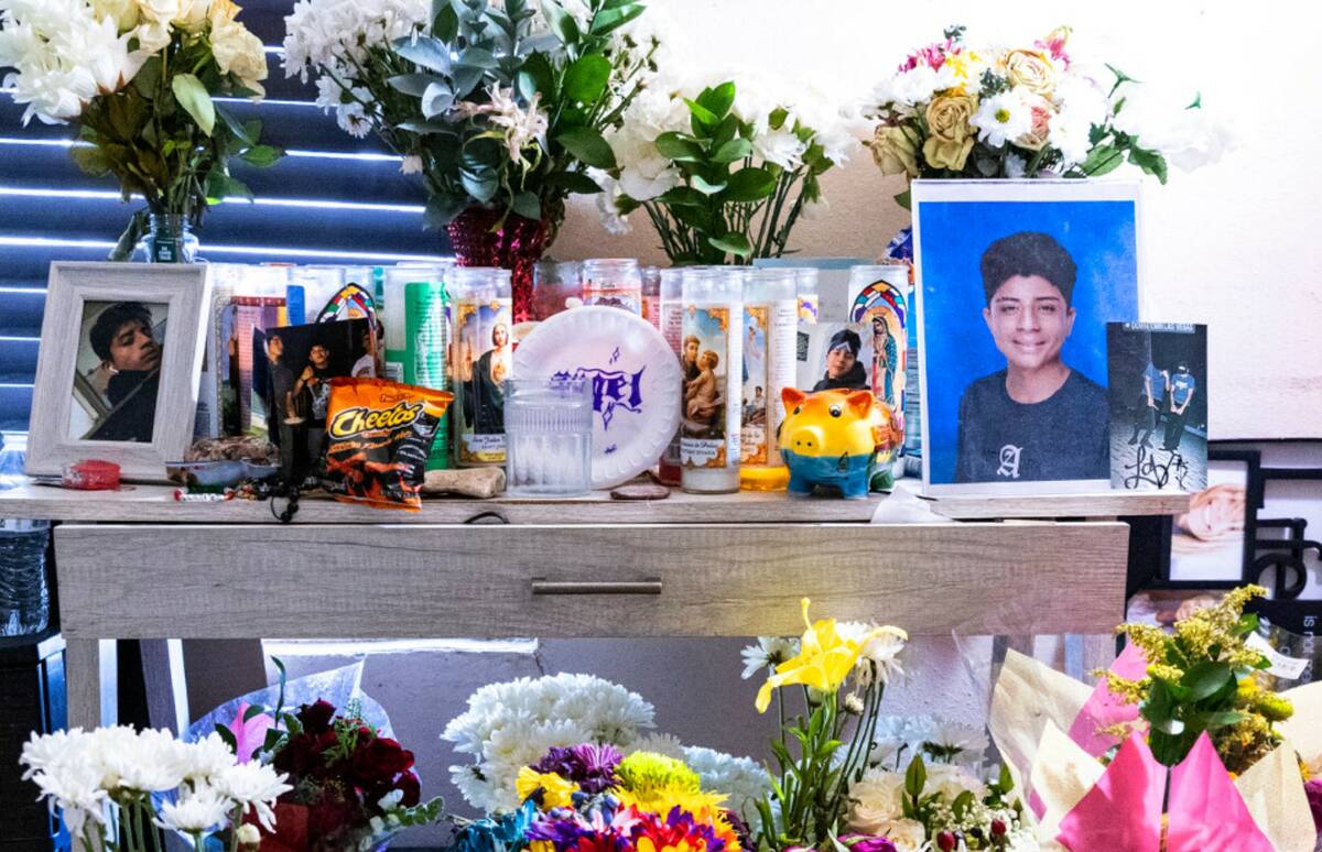 A memorial to Angel Naranjo, is seen at his family home, on Tuesday, Aug. 8, 2023, in Las Vegas ...