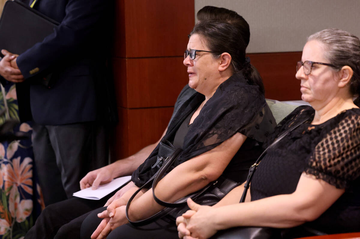 Mirjana Komazec, mother of Tina Tintor, cries as former Raiders wide receiver Henry Ruggs reads ...
