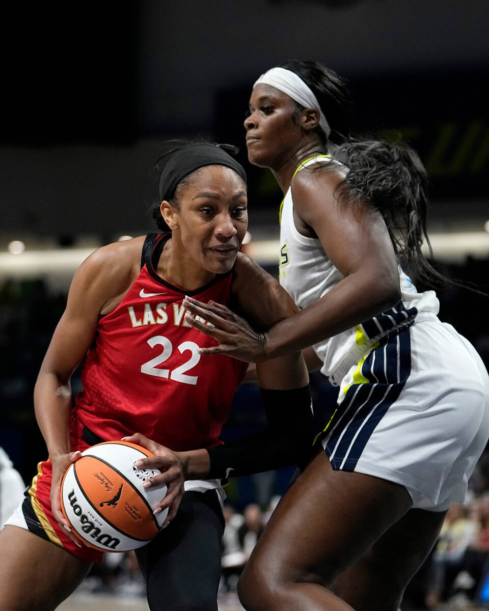 Las Vegas Aces forward A'ja Wilson (22) works for a shot as Dallas Wings' Kalani Brown, right, ...