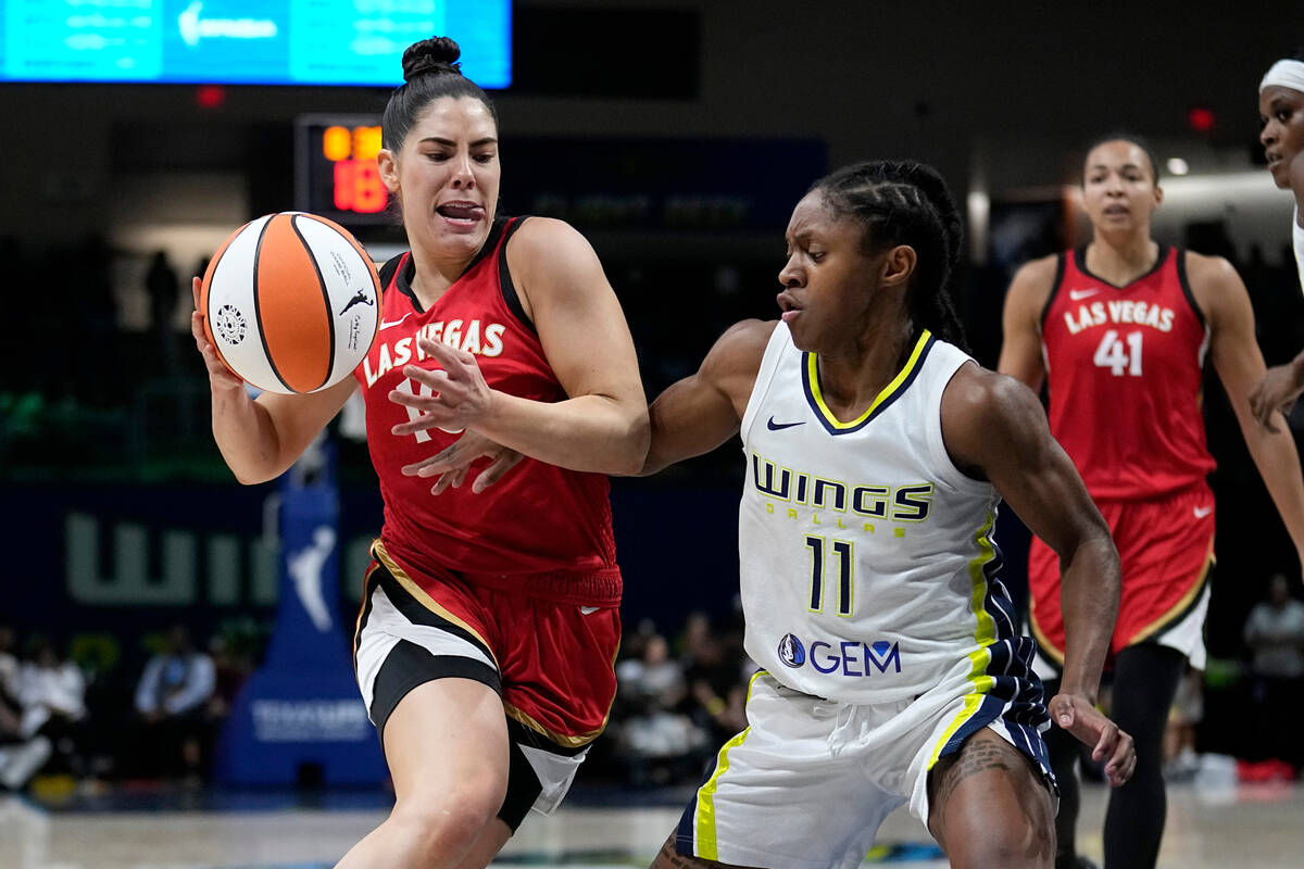 Las Vegas Aces guard Kelsey Plum (10) works for a shot attempt against Dallas Wings guard Cryst ...