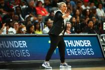 Las Vegas Aces head coach Becky Hammon shouts from the sidelines during the first half of a WNB ...