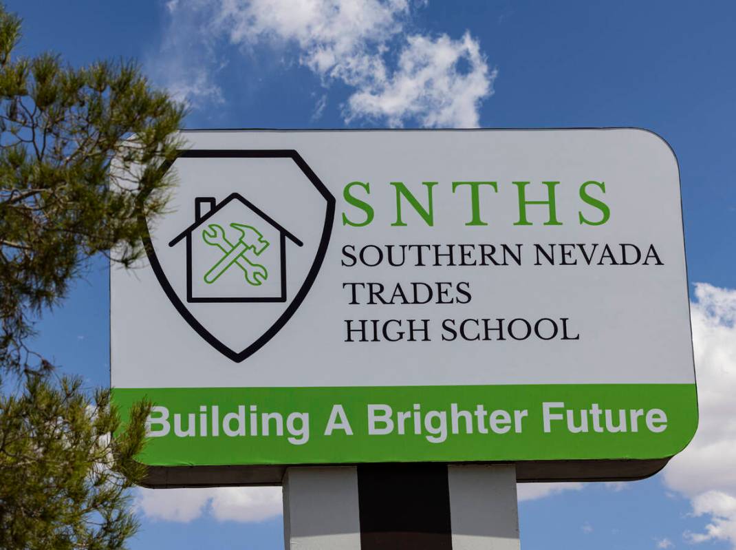 The Southern Nevada Trades High School sign is seen at the campus, on Friday, Aug 11, 2023, in ...