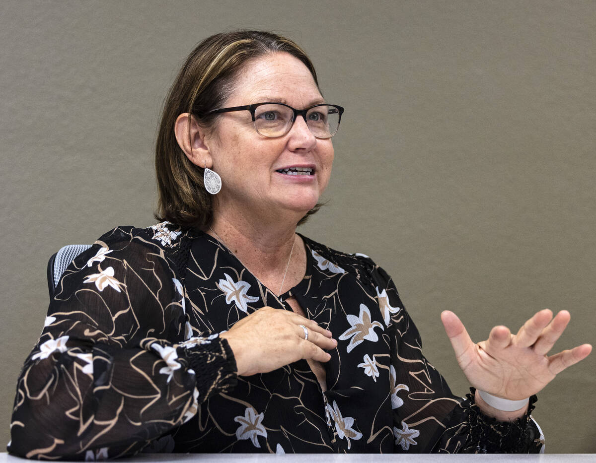 Julie Carver, executive director at the Southern Nevada Trades High School, speaks during an in ...