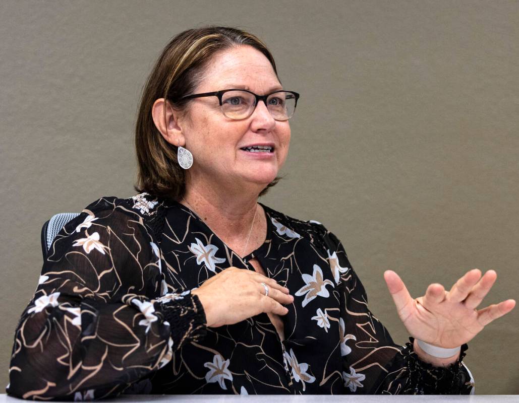 Julie Carver, executive director at the Southern Nevada Trades High School, speaks during an in ...