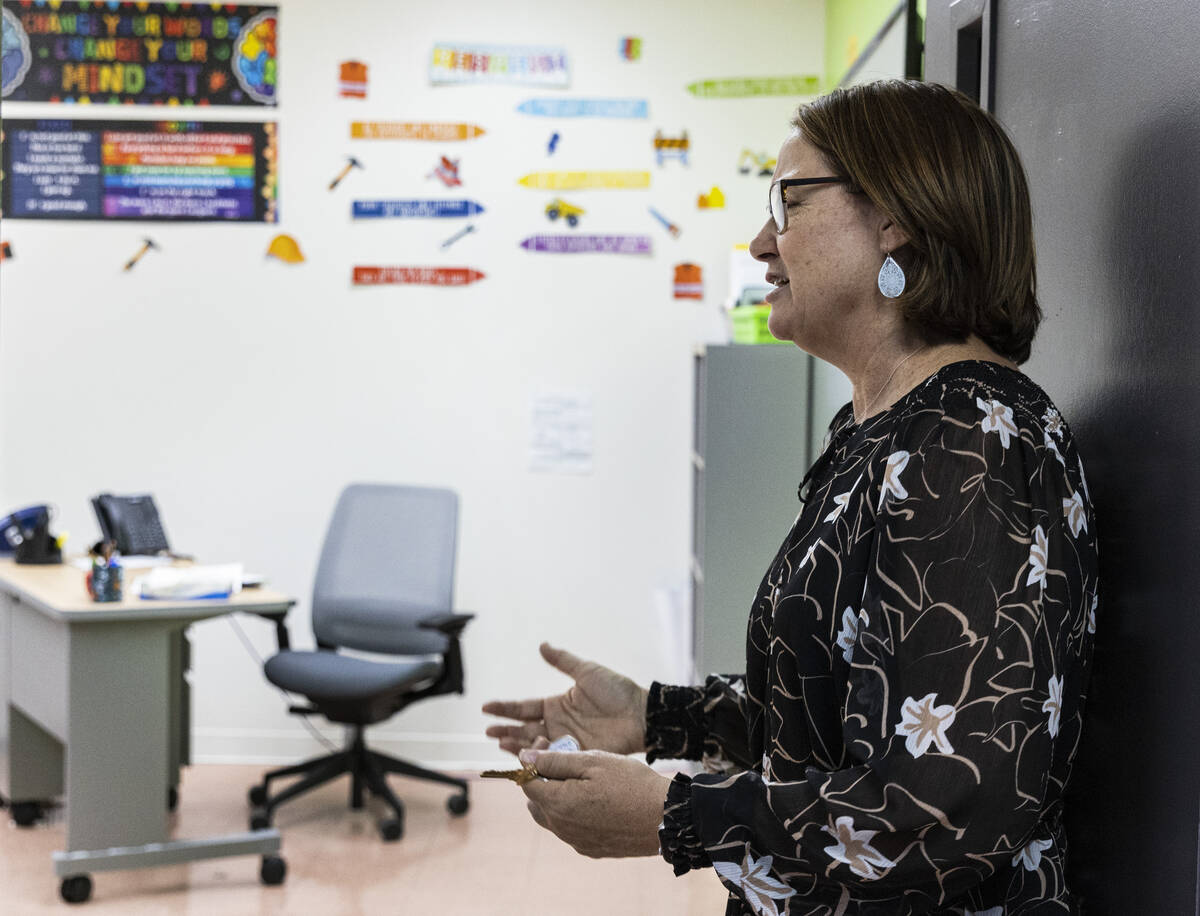 Julie Carver, executive director at the Southern Nevada Trades High School, leads a tour of the ...