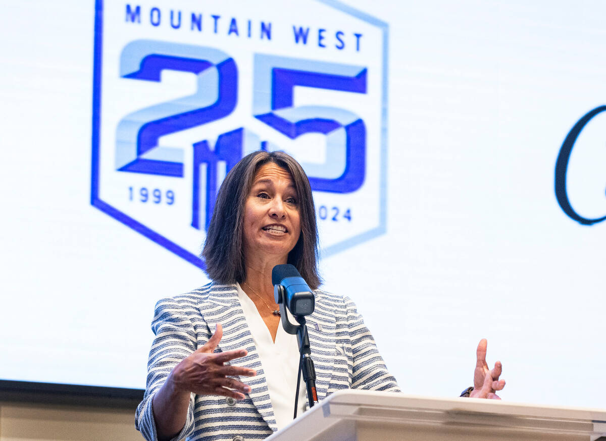 Gloria Nevarez, commissioner of the Mountain West Conference, speaks during football media days ...