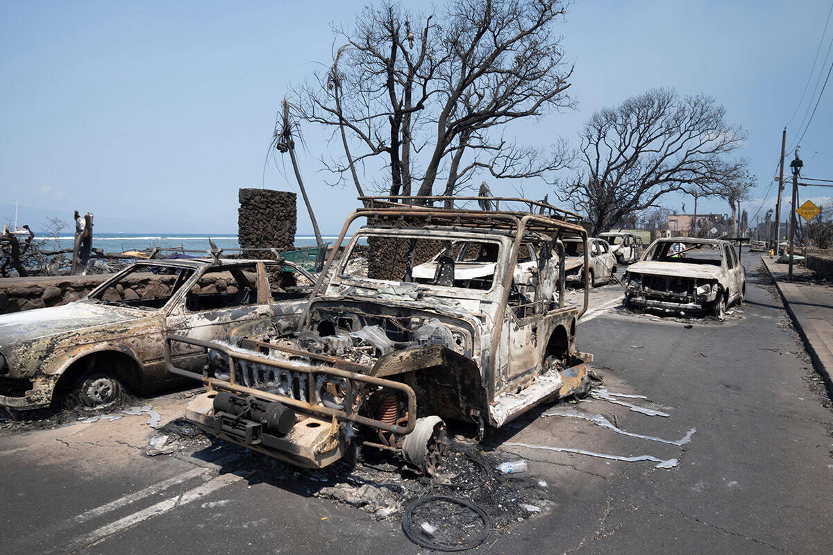 Wildfire wreckage is seen Wednesday, Aug. 9, 2023, in Lahaina, Hawaii. The scene at one of Maui ...