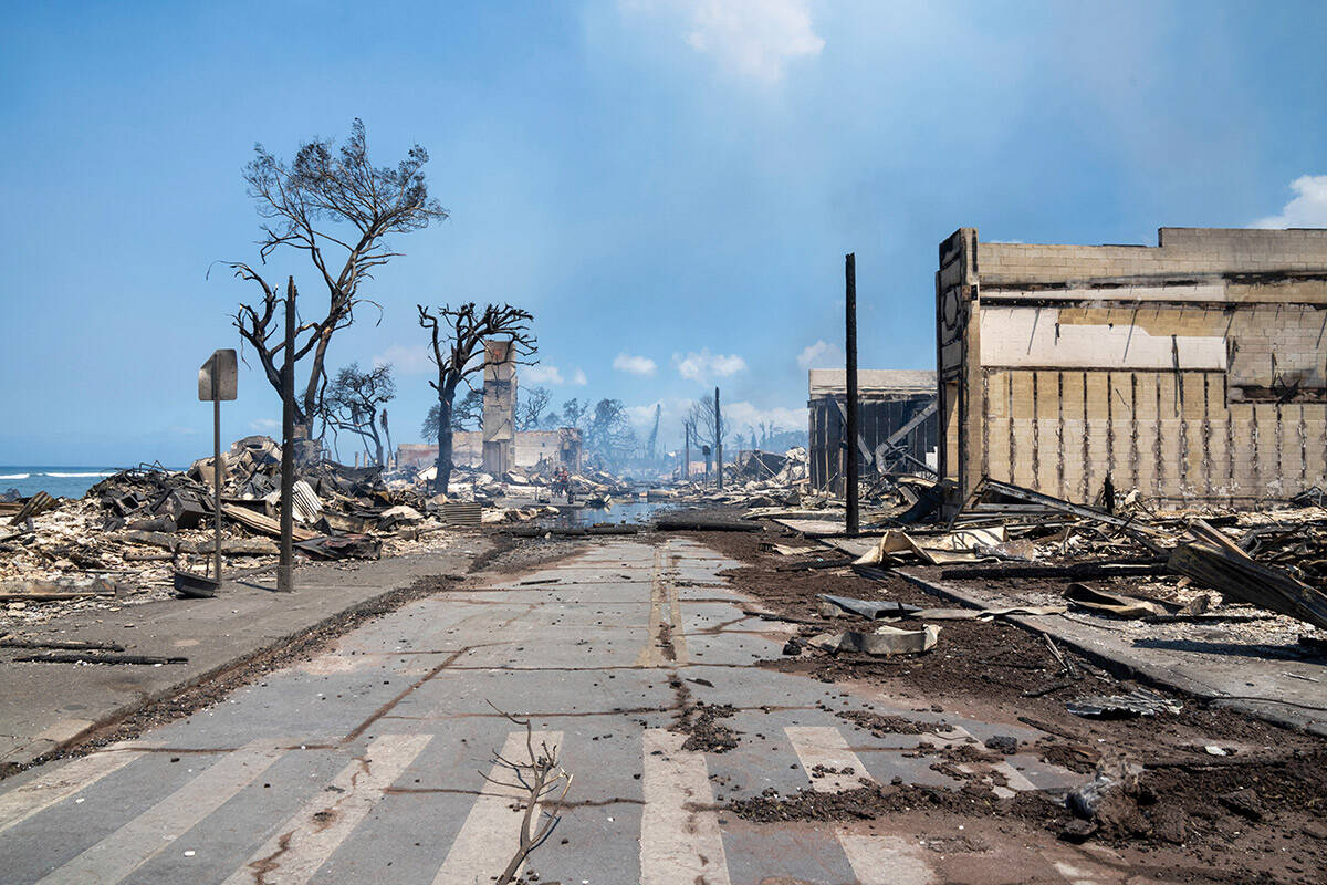 Wildfire wreckage is seen Wednesday, Aug. 9, 2023, in Lahaina, Hawaii. The scene at one of Maui ...