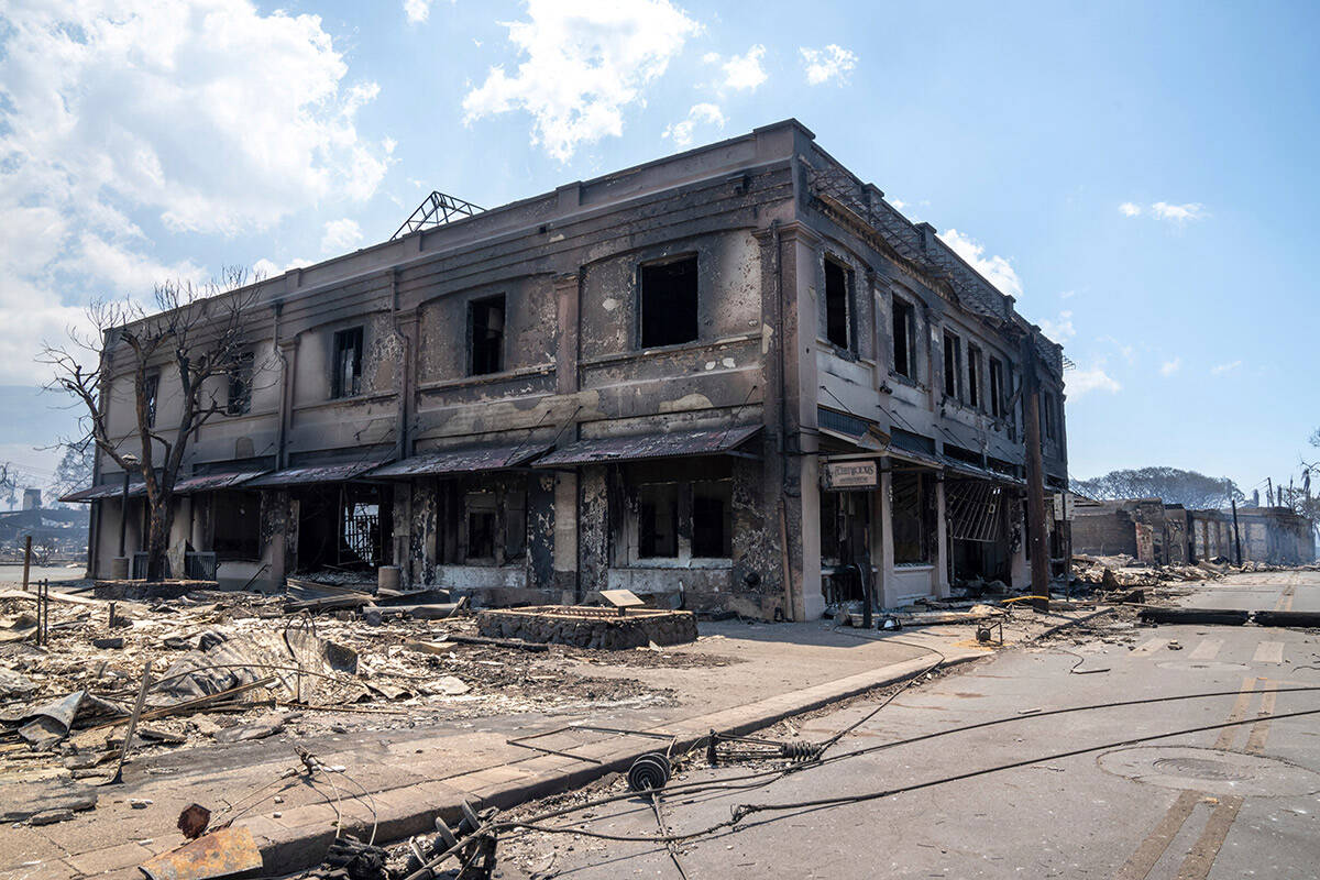Wildfire wreckage is seen Wednesday, Aug. 9, 2023, in Lahaina, Hawaii. The scene at one of Maui ...