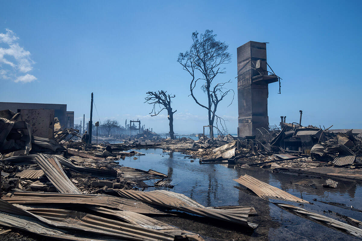 Wildfire wreckage is seen Wednesday, Aug. 9, 2023, in Lahaina, Hawaii. The scene at one of Maui ...