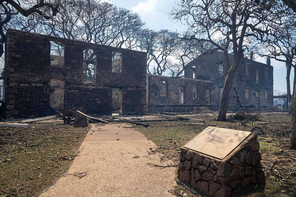 Wildfire wreckage is seen Wednesday, Aug. 9, 2023, in Lahaina, Hawaii. The scene at one of Maui ...
