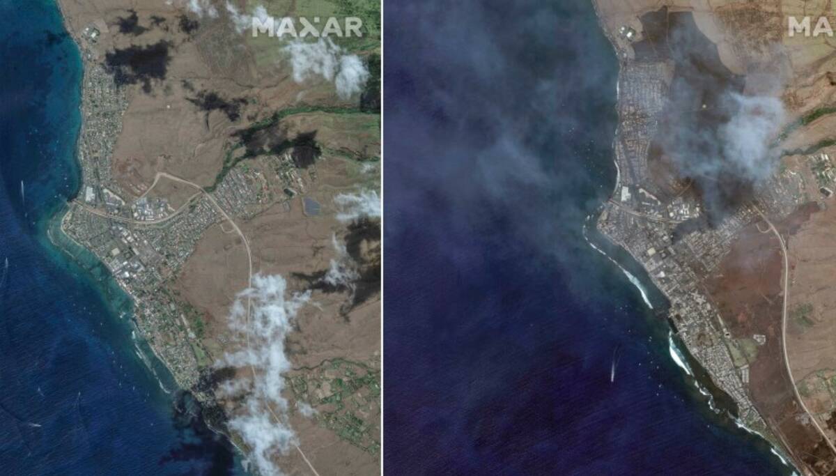 This combination of satellite images provided by Maxar Technologies shows an overview of Lahain ...