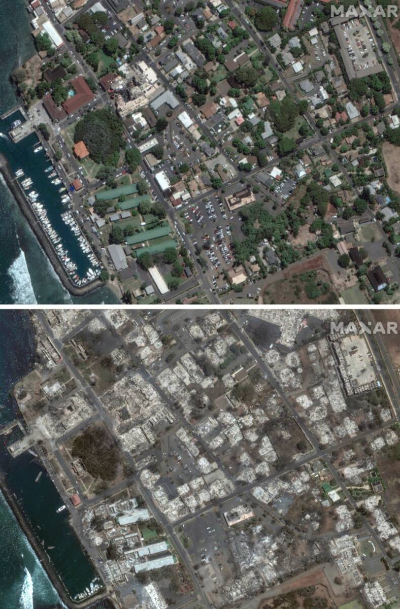 This combination of satellite images provided by Maxar Technologies shows an overview of Banyan ...